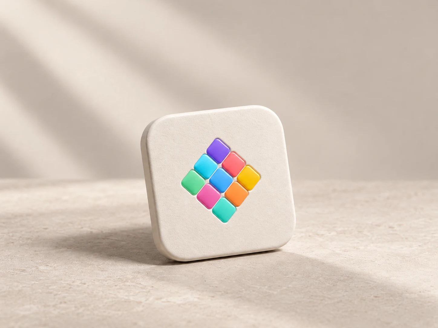 Ivory ceramic tile with Chromora’s colorful lozenge symbol