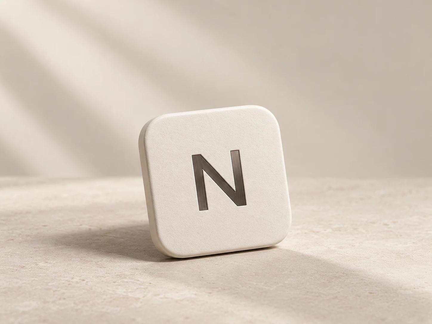 Ivory ceramic tile with the Nomi monogram on a warm stone surface